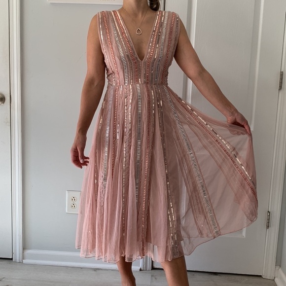 ASOS SALON Sequin Mesh Fit and Flare Midi Dress dress pink beaded size 2 prom - Picture 3 of 15